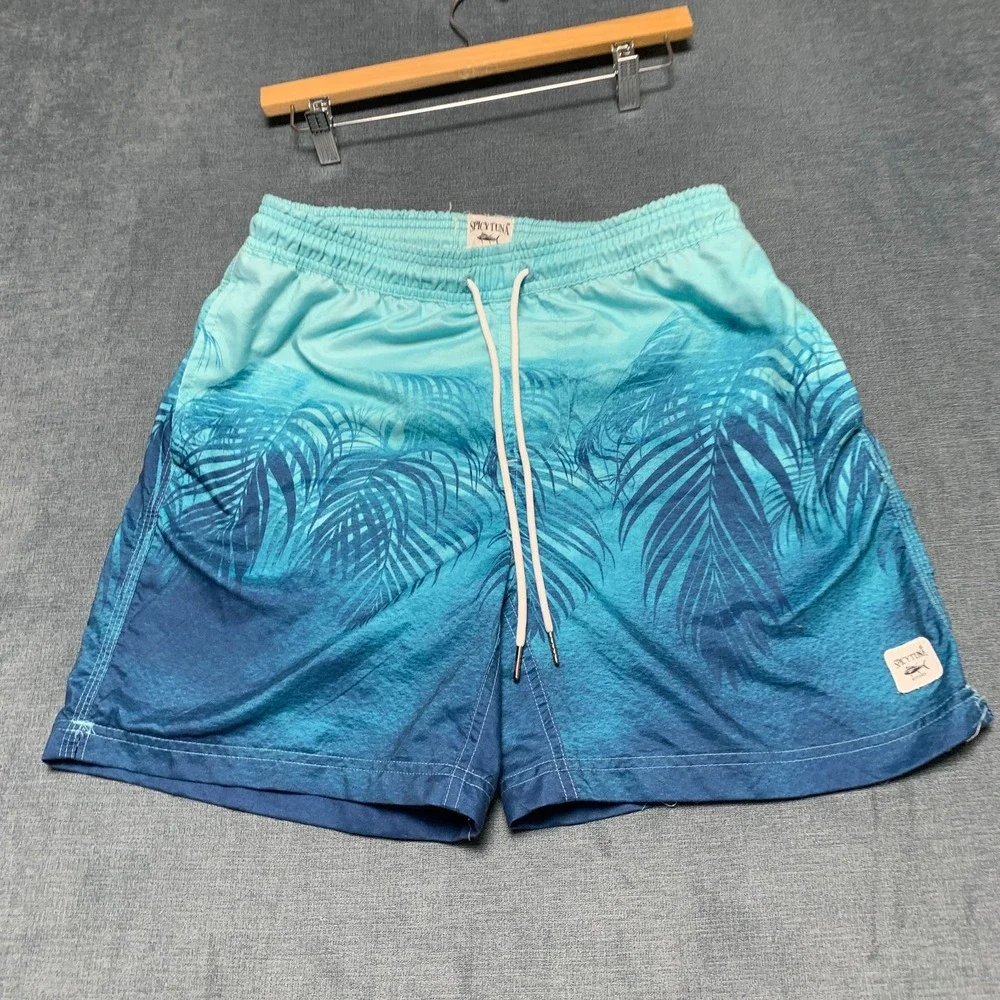 Spicy Tuna Gradient Swim Shorts Mens Medium Blue Tropical Palm Leaf Beach Wear